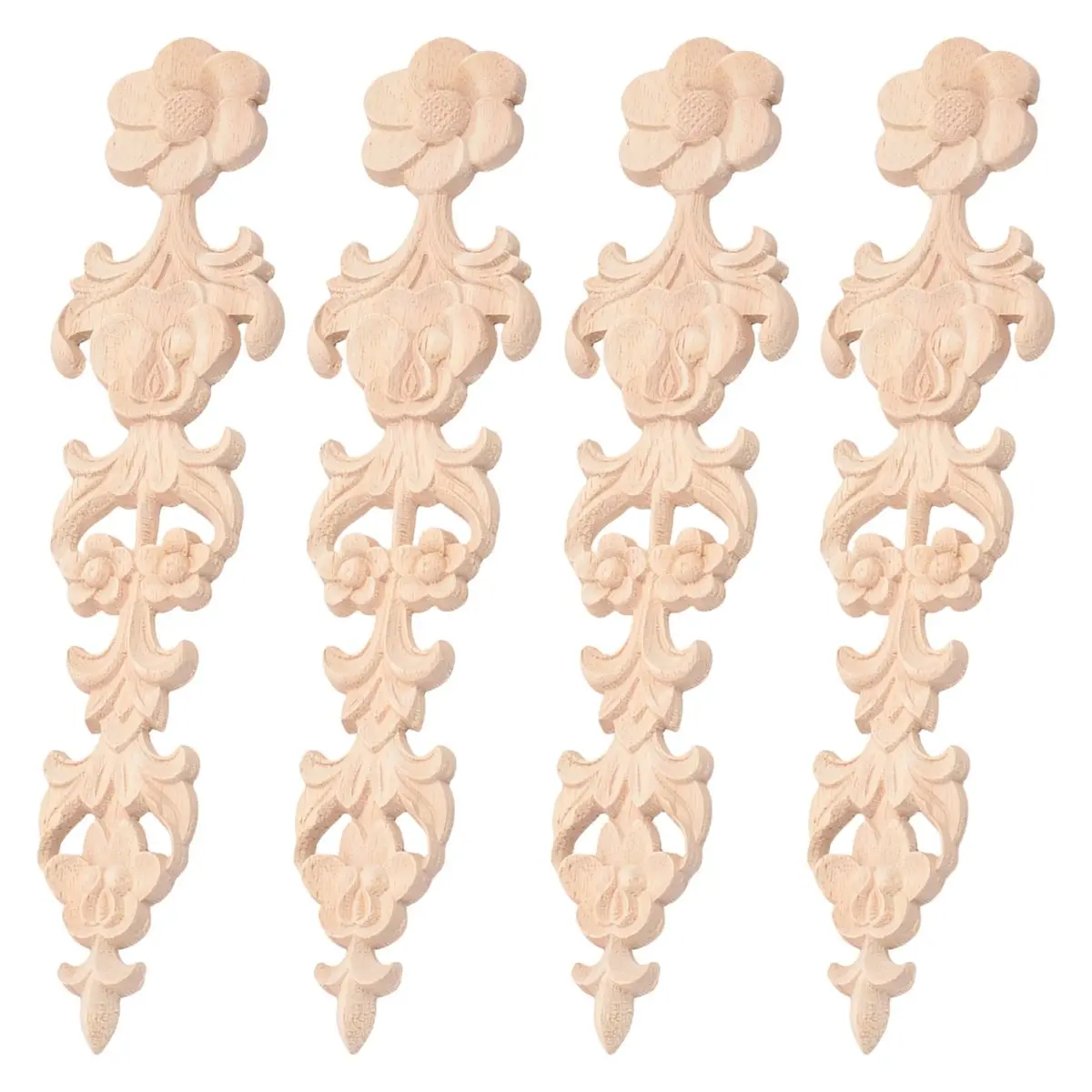 ✼4Pcs Wood Carved Appliques Retro Round Woodcarving Decal Unpainted Furniture Cabinet Wall Decor Crafts