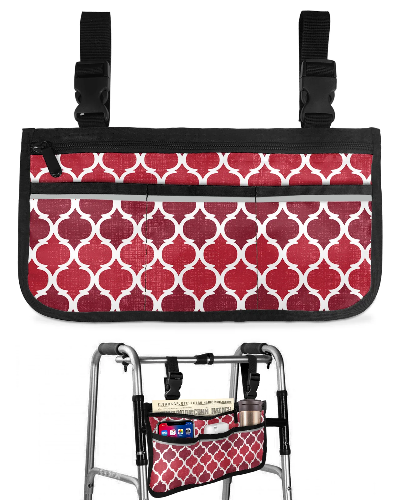 Geometric Red Vintage Moroccan Wheelchair Bag With Pockets Armrest Side Bags Electric Scooter Walking Frame Storage Pouch