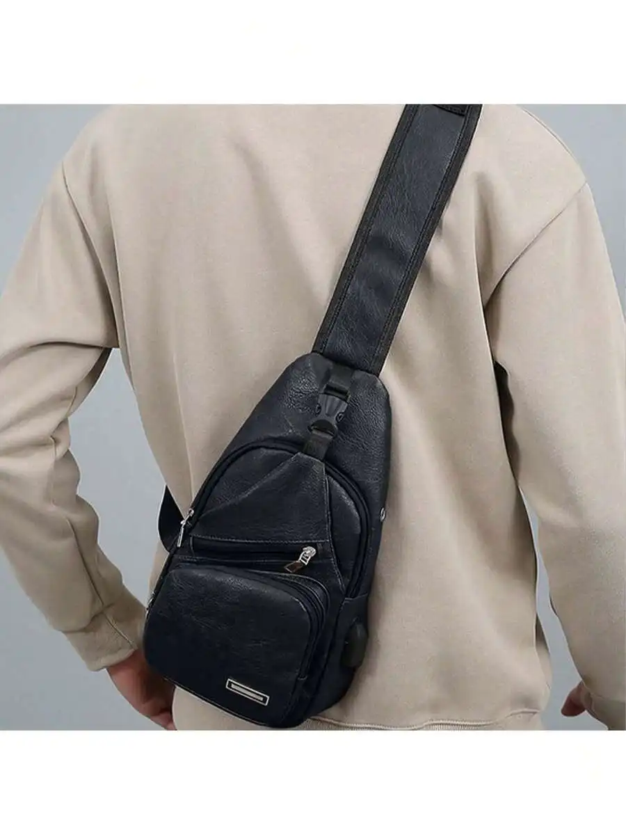 Mens PU Leather Sling Bag With USB Port Lightweight Crossbody Chest Bag For Travel Gym Outdoor view 6