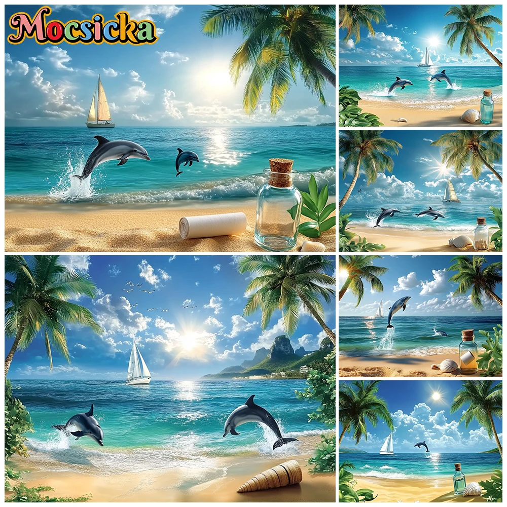 Mocsicka Summer Photography Backdrop Natural Scenery Island Background Ocean Dolphin Beach Holiday Party Kid Photo Studio Poster