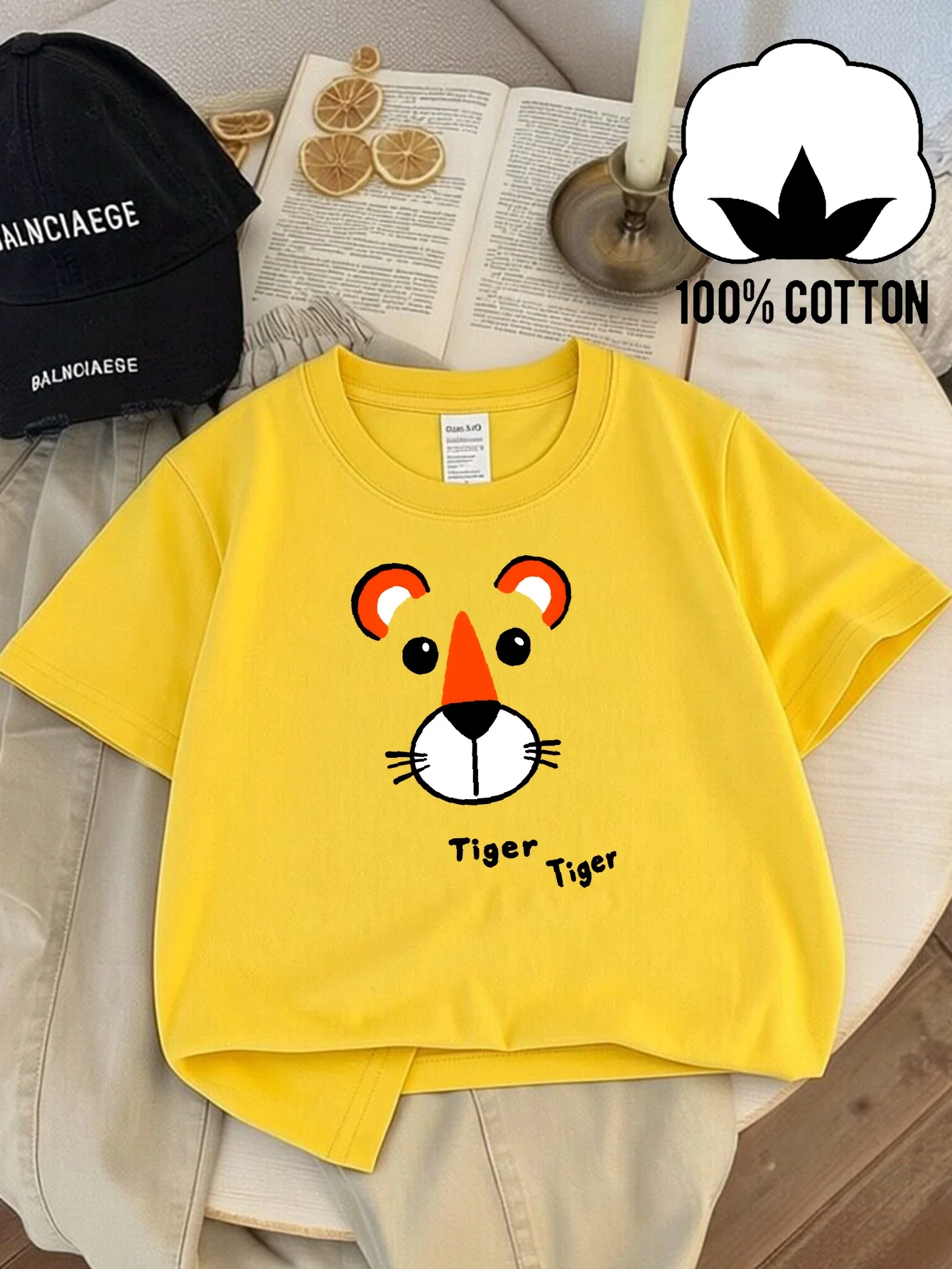 Tiger Head Decoration with Orange Nose and Ears Short Sleeved Tshirt for Girls and Boys Personalized Outdoor Parent-child Outfit