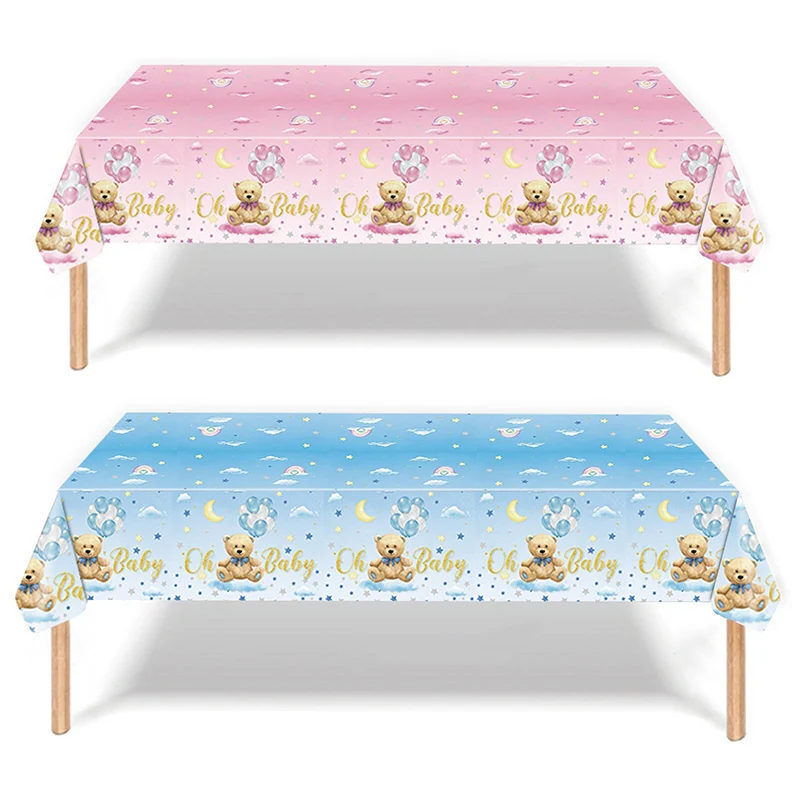 Pink Blue Bear Disposable Tablecloth Oh Baby Table cover Bear Theme Birthday Party Baby shower Kids 1st Birthday Party Decor