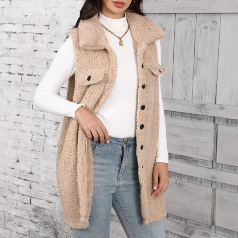 

Autumn Winter New European and American Women's Clothing Turn-down Collar Loose Pointed Wool Bubble Cardigan Plush Vest