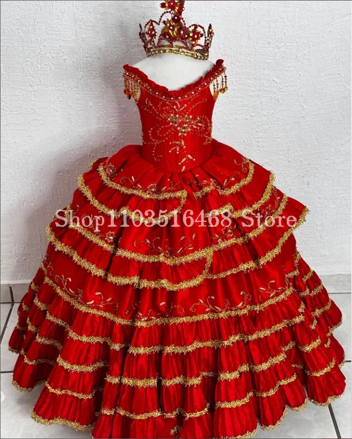 Mini vestidos de quinceañera rojos festivos, apliques de cuentas, borla, Poncho con volantes, vestidos de fiesta de Halloween, vestidos de niña de flores