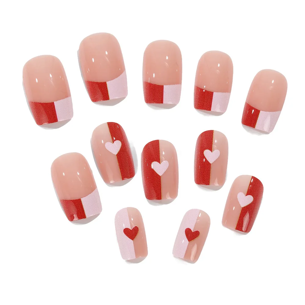 أظافر صناعية متوسطة الحجم للنساء والفتيات بتصميم قلب أحمر وردي لطيف لعيد الحب أطراف أظافر مربعة فرنسية اضغط على الأظافر الصناعية