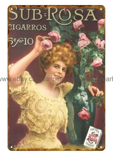 Letrero metálico decorativo para pared sin marco con diseño de cigarros SUB-ROSA CIGARROS
