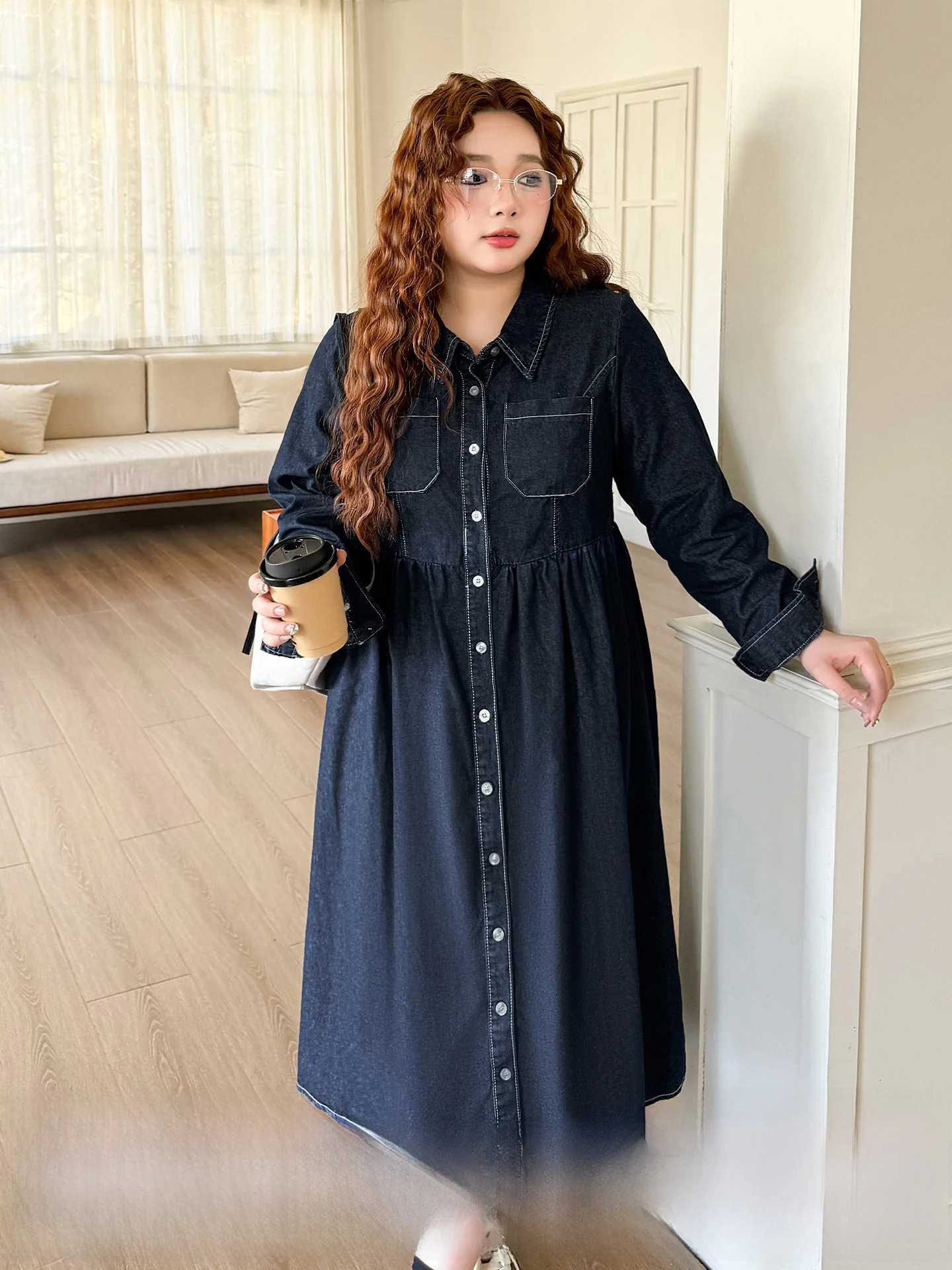 

plus Size Women's Commuter Sle High Waist Long Sve Denim Dr Button Detail A-Line Midi Dr Slimming Effect