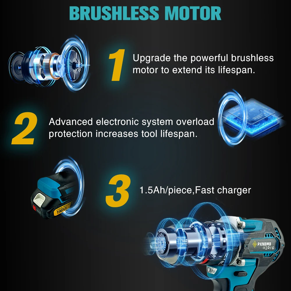 PXNBMB 65N.m 13 مللي متر 35 + 3 عزم الدوران فرش الكهربائية تأثير الحفر اللاسلكي مفك كهربائي أداة السلطة لماكيتا 18 فولت بطارية Pi #5