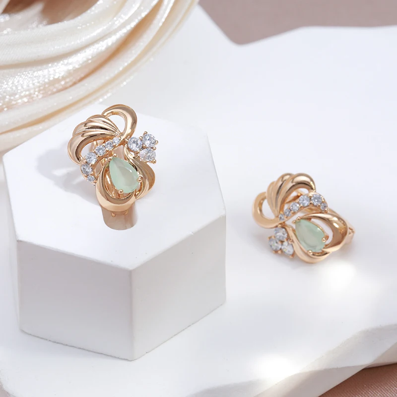 SYOUJYO Green Emerald Natural Zircon Flower Earrings For Women 585 Roe Gold Color Fine Jewelry