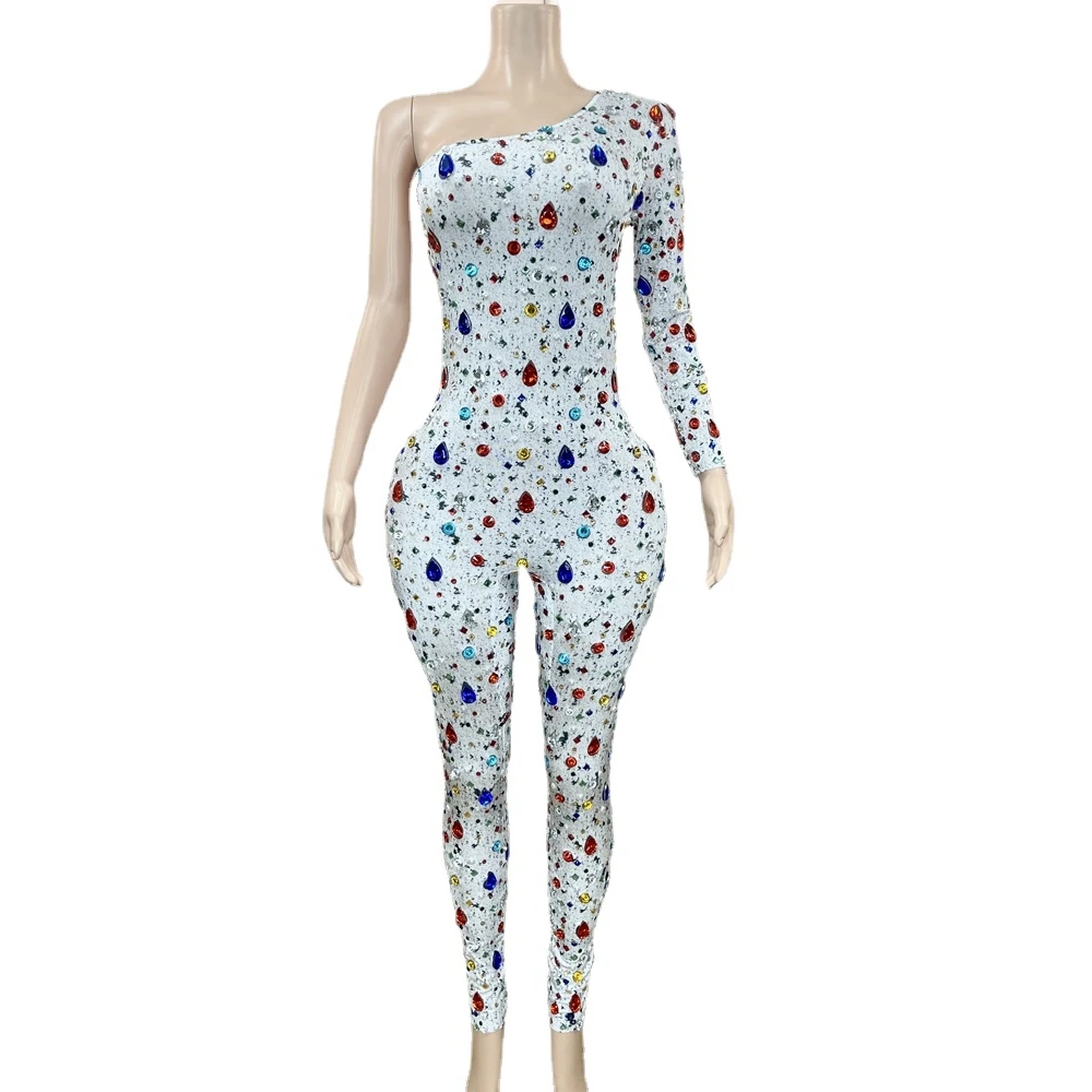 جديد المنحدر الكتف سباركلي الراين بذلة سيدة مساء حفلة موسيقية بلورات الزي عيد ميلاد احتفال السروال القصير المرحلة ارتداء