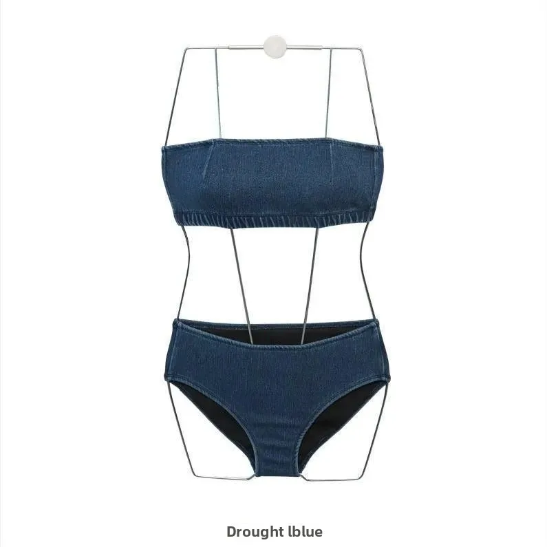 Korean Japanese Style Denim Bikini Top Women's Sexy Strapless Slimming Separate Swimsuit Cover-Up Modest Back Design
