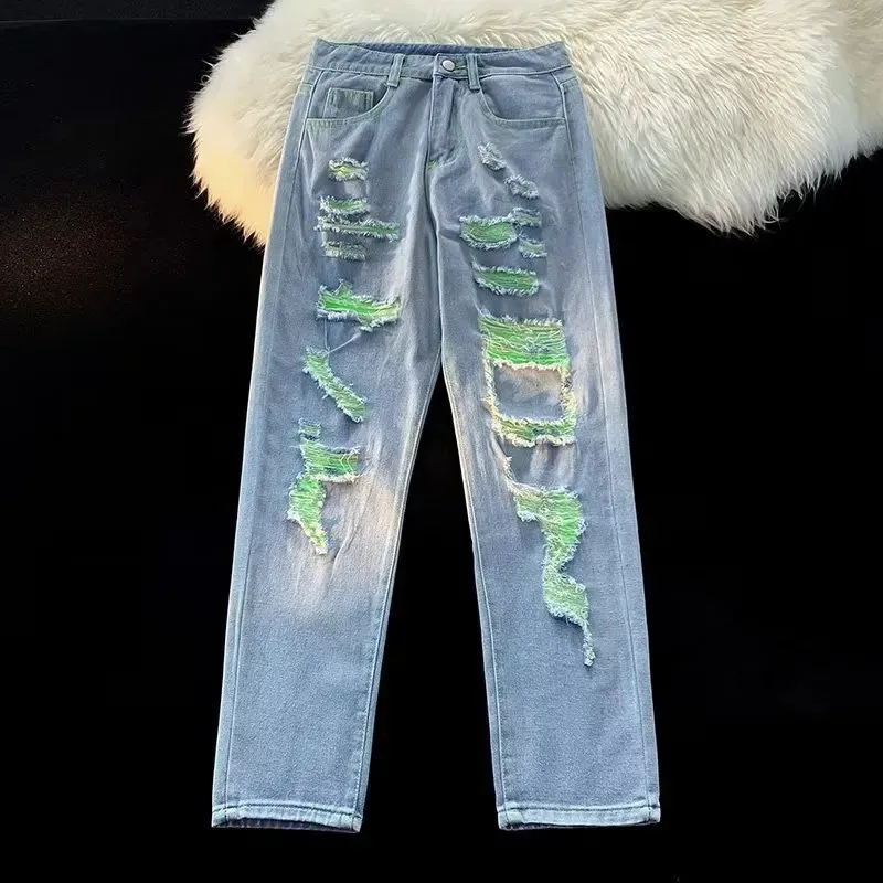 Spring Summer Jeans Men's Clothing New High Street Ripped Straight Pants Button Pocket Loose Fashion Trousers A042