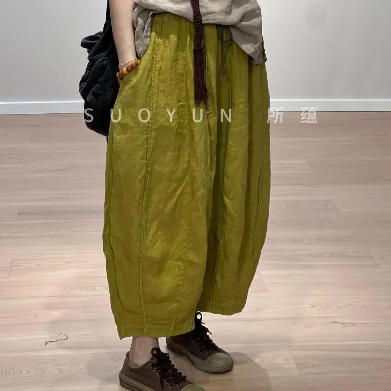 Spring Summer Style Women Elastic Waist Loose Ankle-length Pants All-matched Casual Cotton Linen Wide Leg Pants Good Quality W01