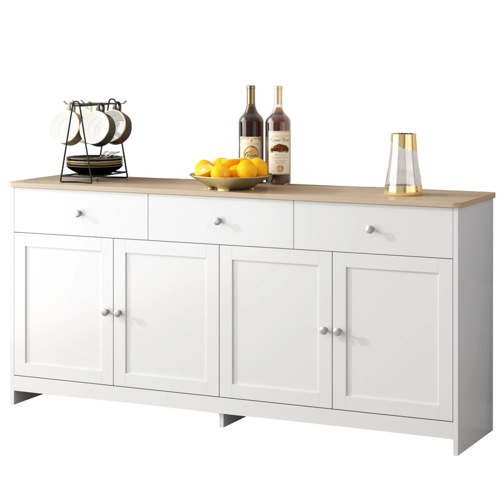Comanlai Sideboard mit Holzfarben-Arbeitsplatte, Küchenschrank mit Arbeitsplatte, 4 Türen, 3 Schubladen, für Wohnzimmer und Esszimmer