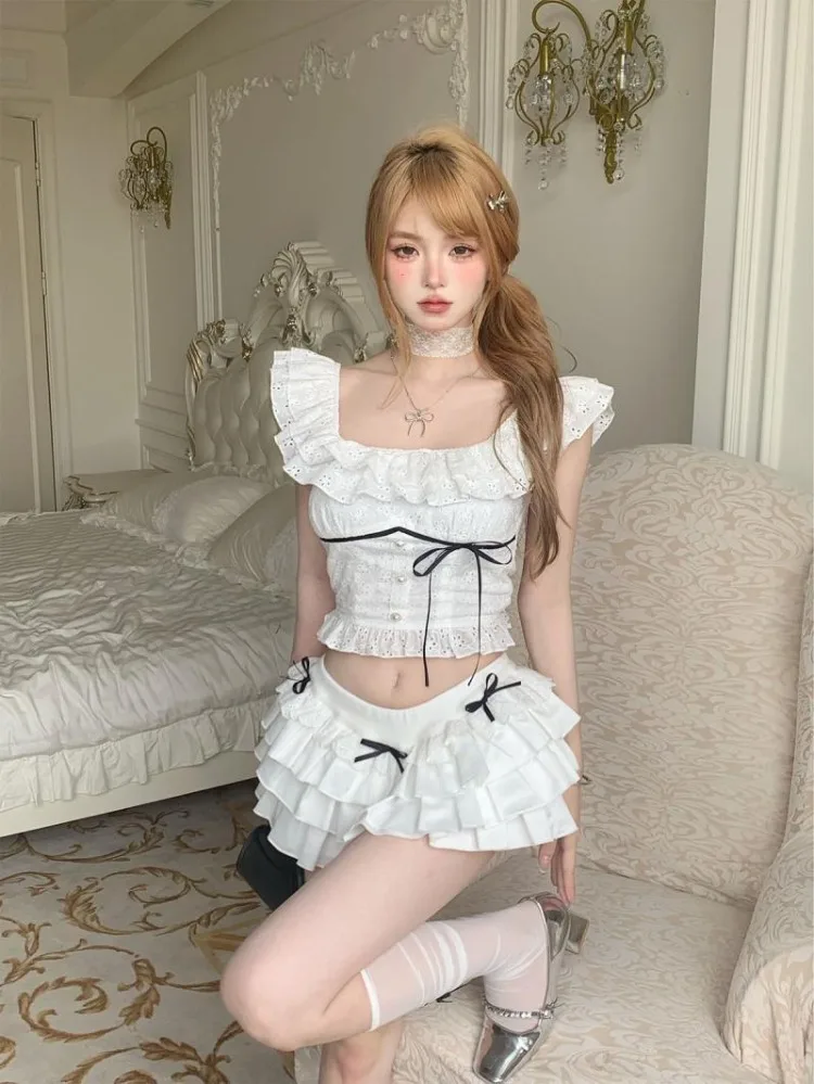 Sweet White Bow Crop Top Slim Fit Sexy T-shirt for Women+ Y2k E-Girl High Waist Ruched Skirts 2024 Summer New Two Piece Sets