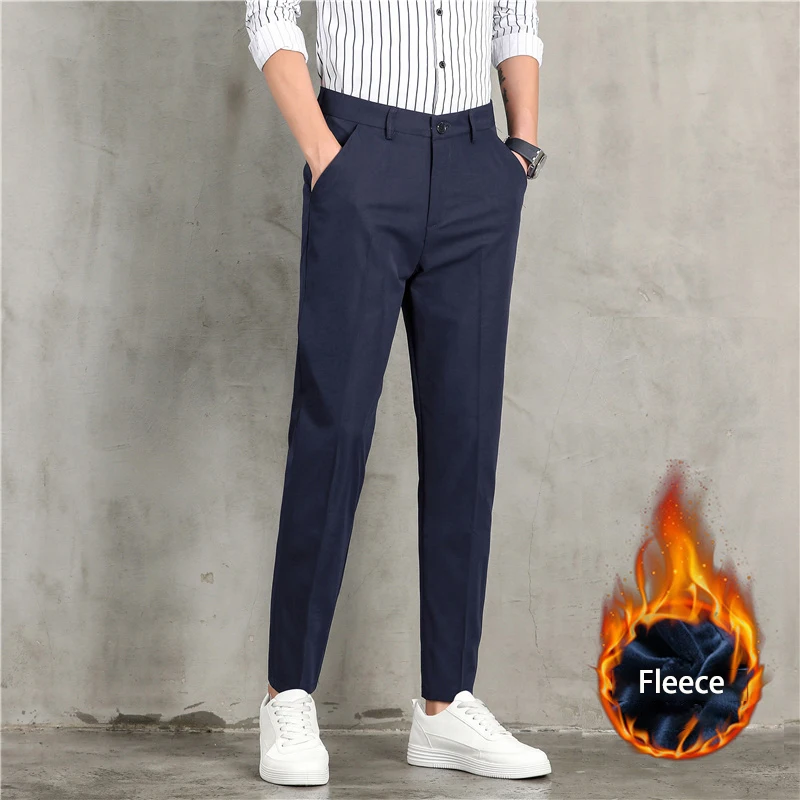 

Men's Slim-fit Draped Stretch Fleece Trousers Outdoor Windproof Solid Color Slacks Men's All-season Comfortable Slacks