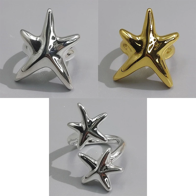 Bold 3D Starfish Open Ring, Gold Silver Plated Thick Metal Star Statement Adjustable Ring for Women Trendy Jewelry