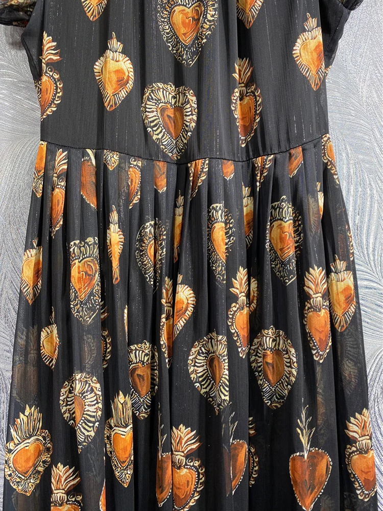 DLDENGHAN Summer Long Dress Women\'s Stand Collar Sleeveless Diamonds Love Print Vintage Dresses Fashion Designer New