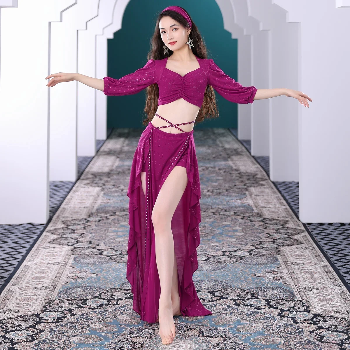 Belly Dance Practice Clothes Women Palace Style Long Sleeves Top+skirt Women Party Model Deluxe Club Carnival Hollywood Suit