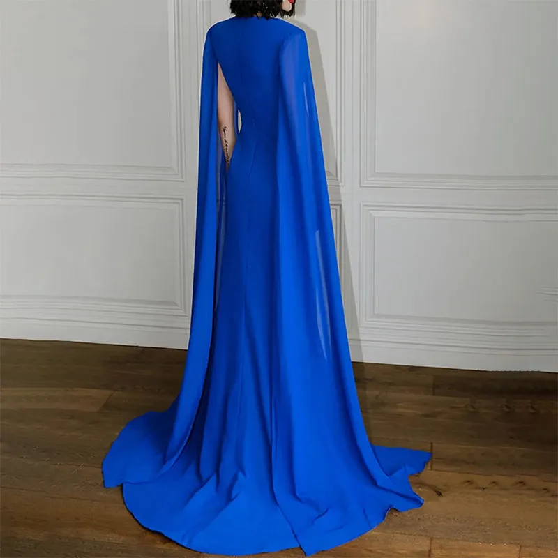 Blue Arabic Dubai Women Evening Formal Dresses Cap Sleeves Pleats Chiffon Prom Pageant Gowns Celebrity Style Robe De Soiree