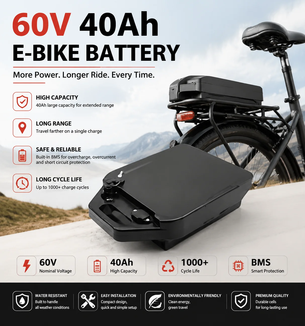 60V 40Ah Lithium-Akku für 2000W Hochleistungsmotor, geeignet für Harley-Style Klappbare Citycoco Elektroroller & Elektromotorräder, inklusive Ladegerät
