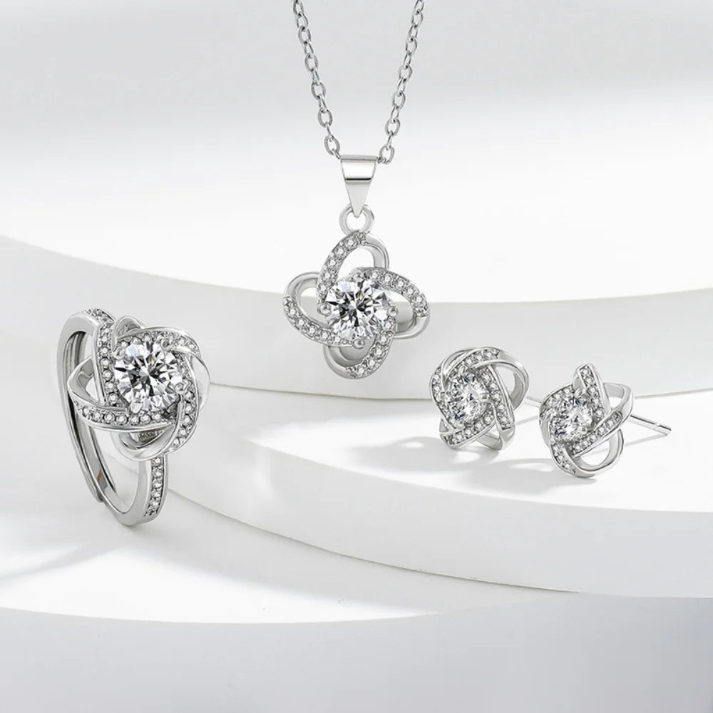925 Sterling Silver Four-Leaf Clover Jewelry Set - Necklace Ring Earrings Inlaid AAAAA Zircon Party Wedding Accessories