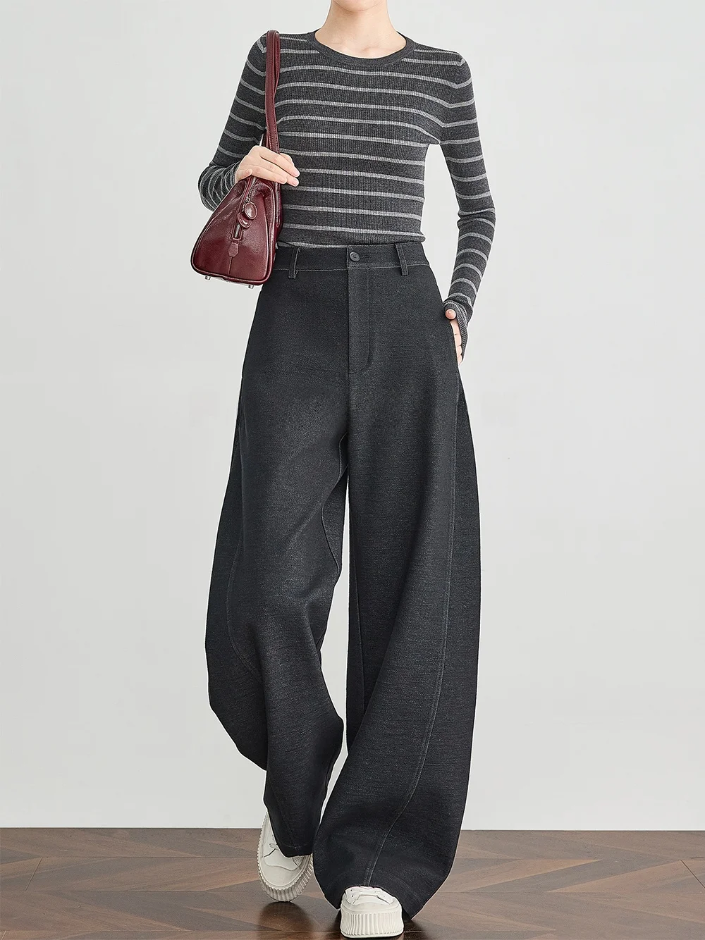 

FALIN Bla Woolen Wide Leg Casual Pants Thiened Loose Side S Front ift Autumn Winter High Waist Commute Sle Ladi...
