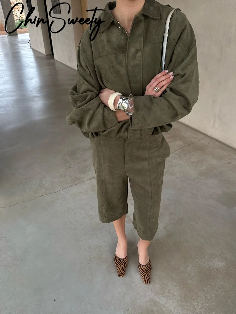 الرجعية سترات من جلد الغزال المرأة فضفاضة سستة التلبيب كم طويل جيب مطاطا هيم معطف قصير 2025 الخريف شيك شارع العليا أبلى سيدة