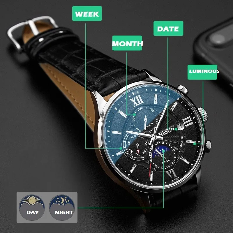 Nesun für männer uhr automatische armbanduhr mechanische multifunktion ale mond phase leuchtende zeiger chronograph kalender zegarek meski