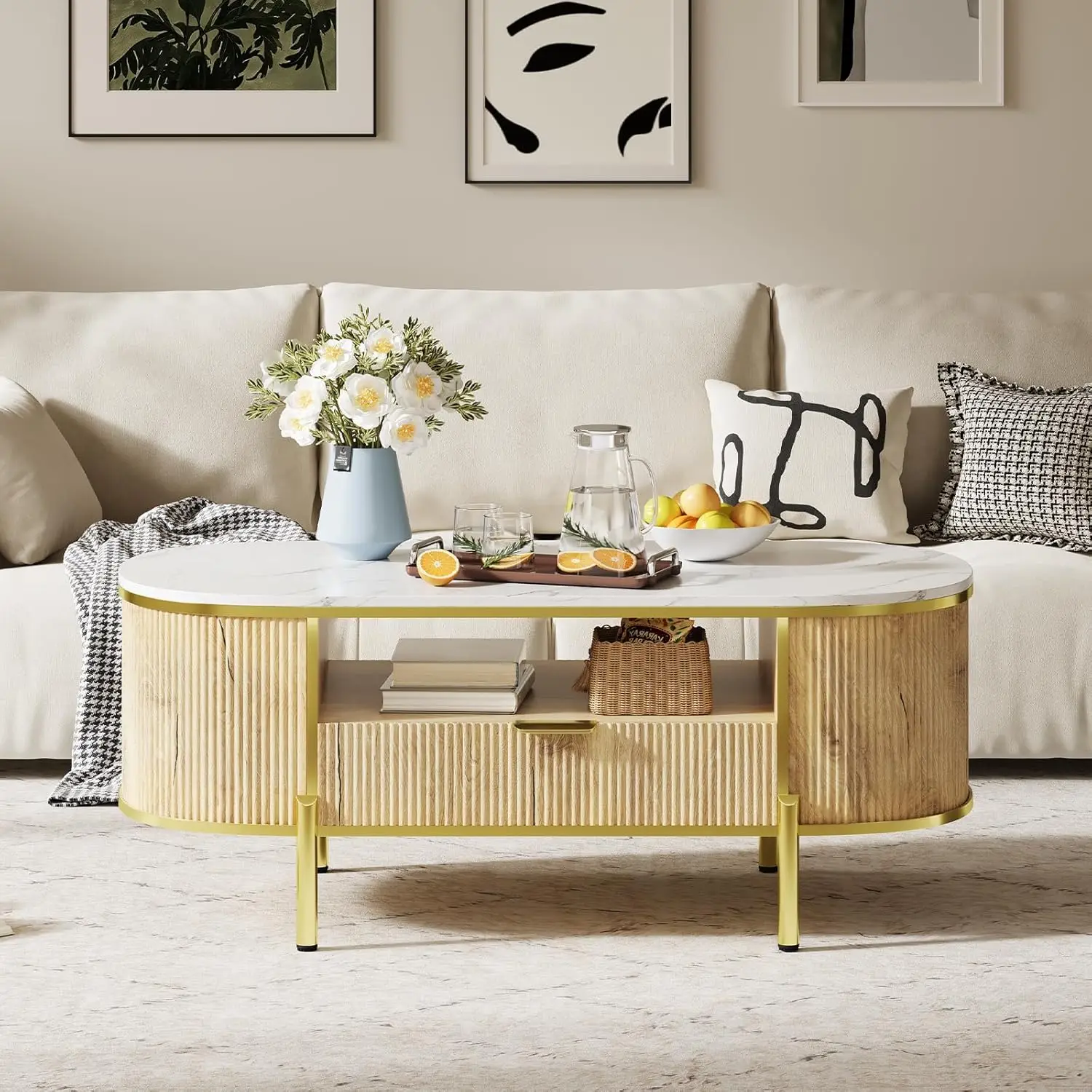 48in Modern Luxury Oval Coffee Table - Natural Oak Fluted Table with Faux Marble Top, Gold Metal Decor & Drawer