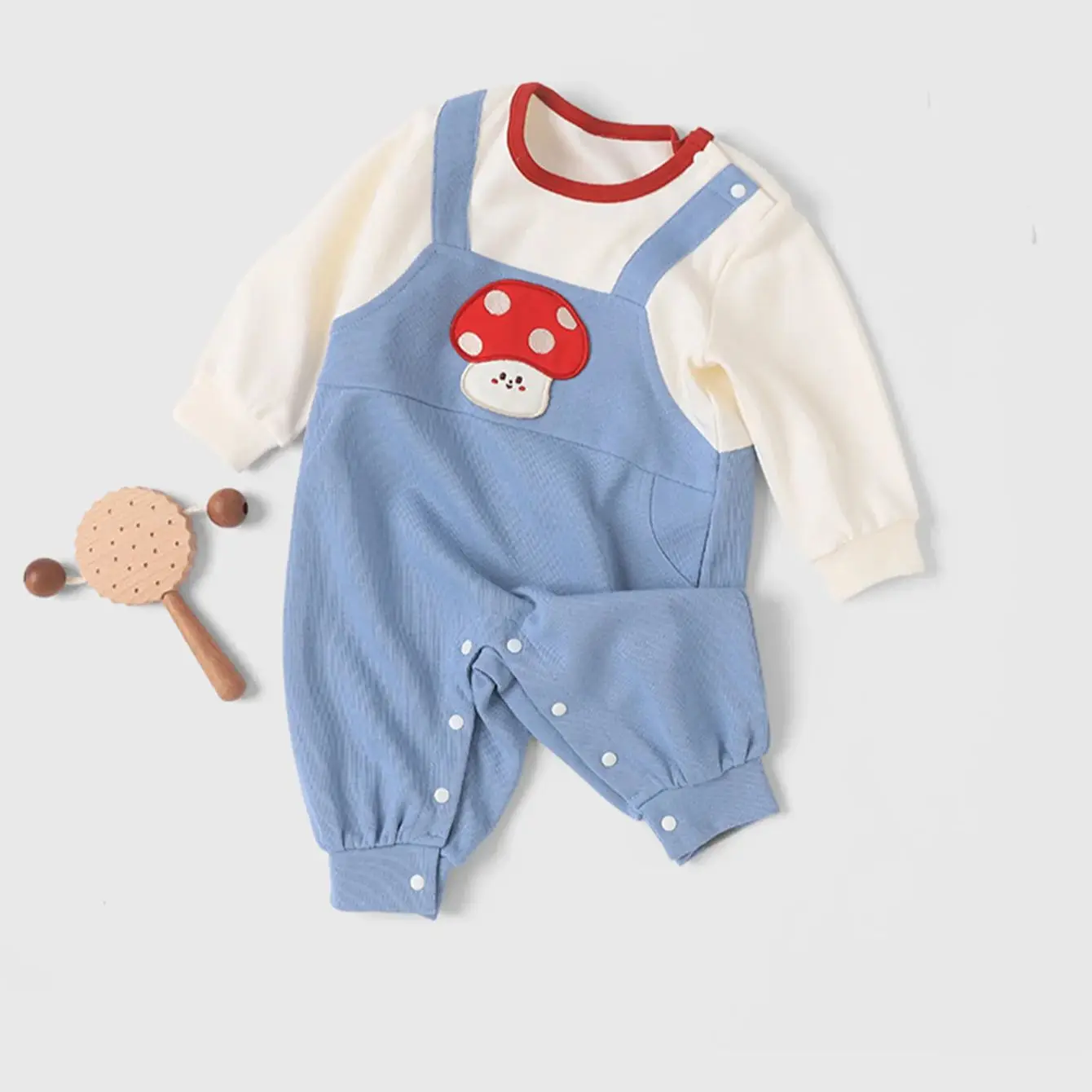 

0-1 Year Old Baby Girl Cute Design Mushroom Outdoor Leisure Vacation Two-Piece Shoulder Strap Long Sleeved Jumpsuit