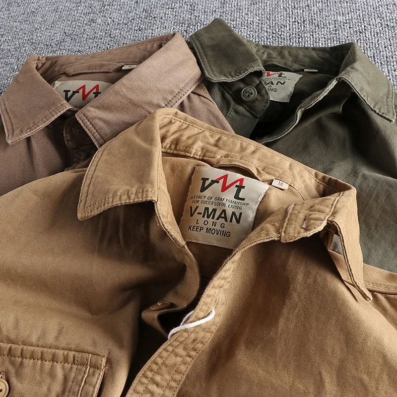 Autumn New Japanese Retro Long-Sleeve Lapel Woven Cargo Shirt Men's Simple 100% Cotton Washed Double Pocket Casual Youth Blouses