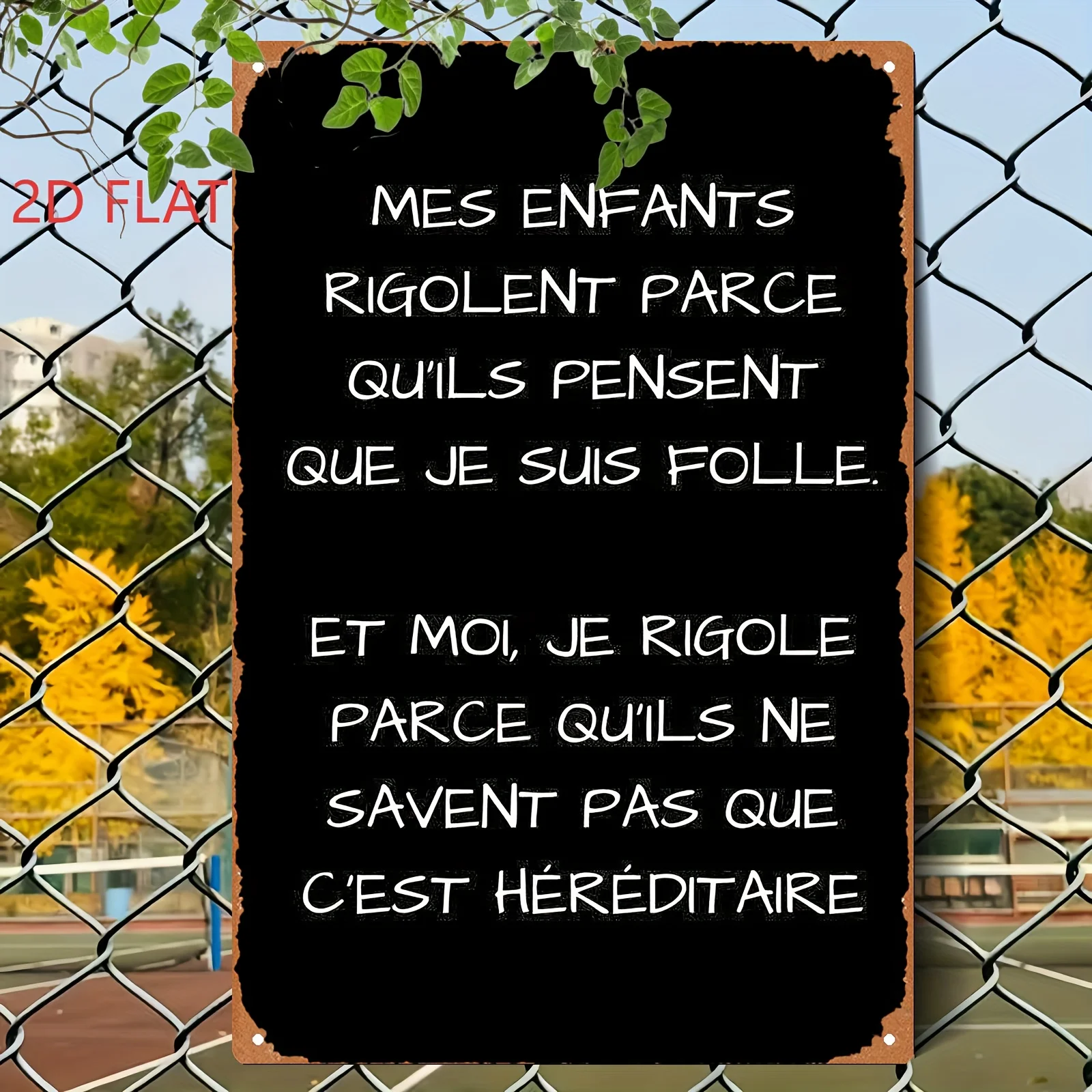 2D Flat Metal Sign Featuring a Humorous French Text Design for Kids' T-Shirts, Showcasing a Rustic Retro French