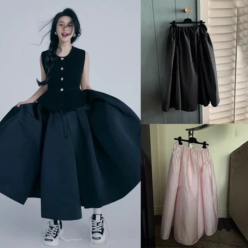 

Early Autumn 2024 Hepburn Sle Texture Sensation Metal Bule Card Waist Top Fluffy Umbrella Skirt Set Women's Faion