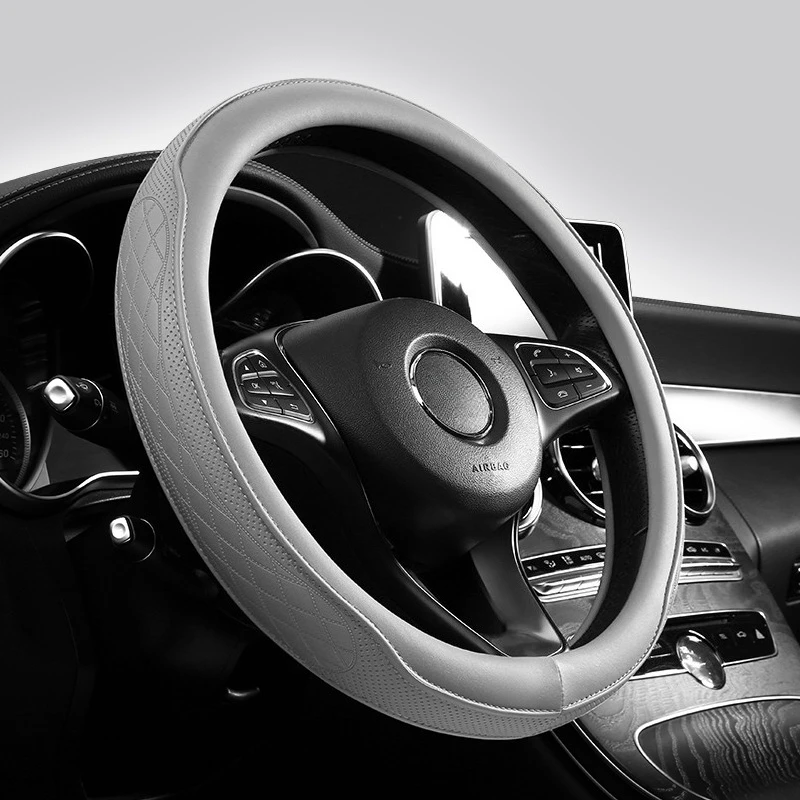 PU Leather Perforated Steering Wheel Cover Durable Leather Cover with Anti-Slip Lining, Fits 14.5-15in Diameter
