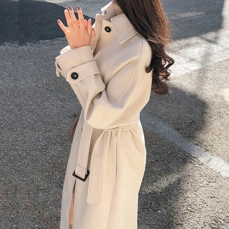 

Winter Korean Women Faux Woolen Coats Fashion Elegant Solid Belt Thickening Long Jacket Female Loose All Match Blends Outwear