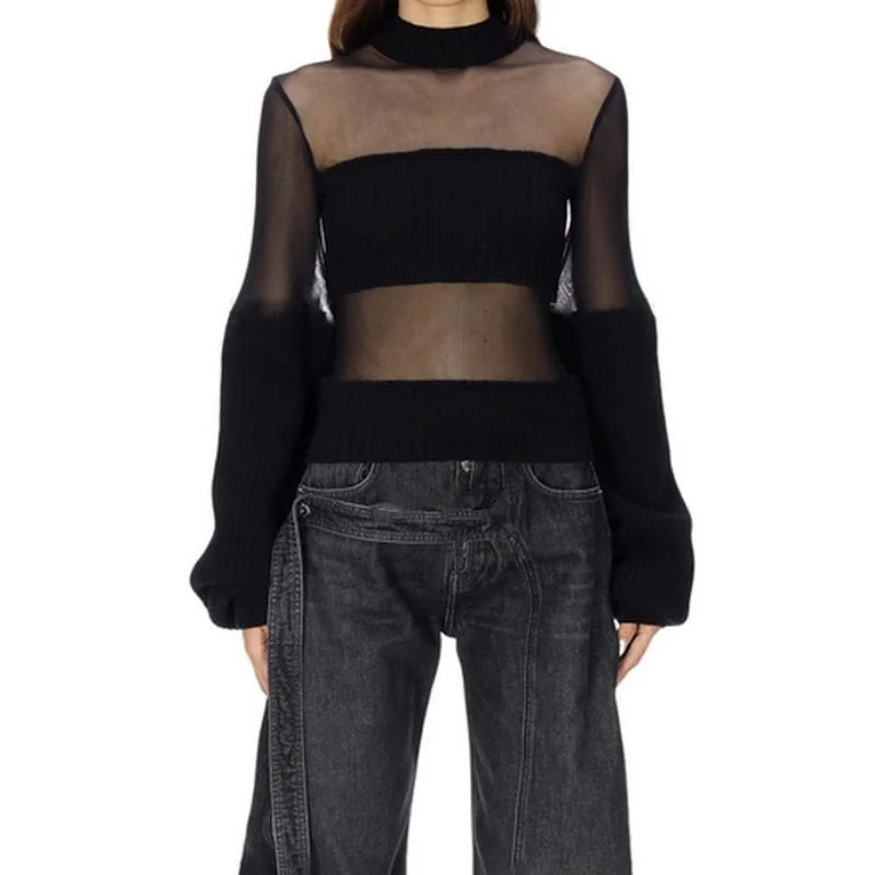 

2025 Autumn New Women's Round Neck Perspective Mesh Splicing Long Sleeve Wool Knitted Top High Quality Fashion Sexy Casual Hoodi