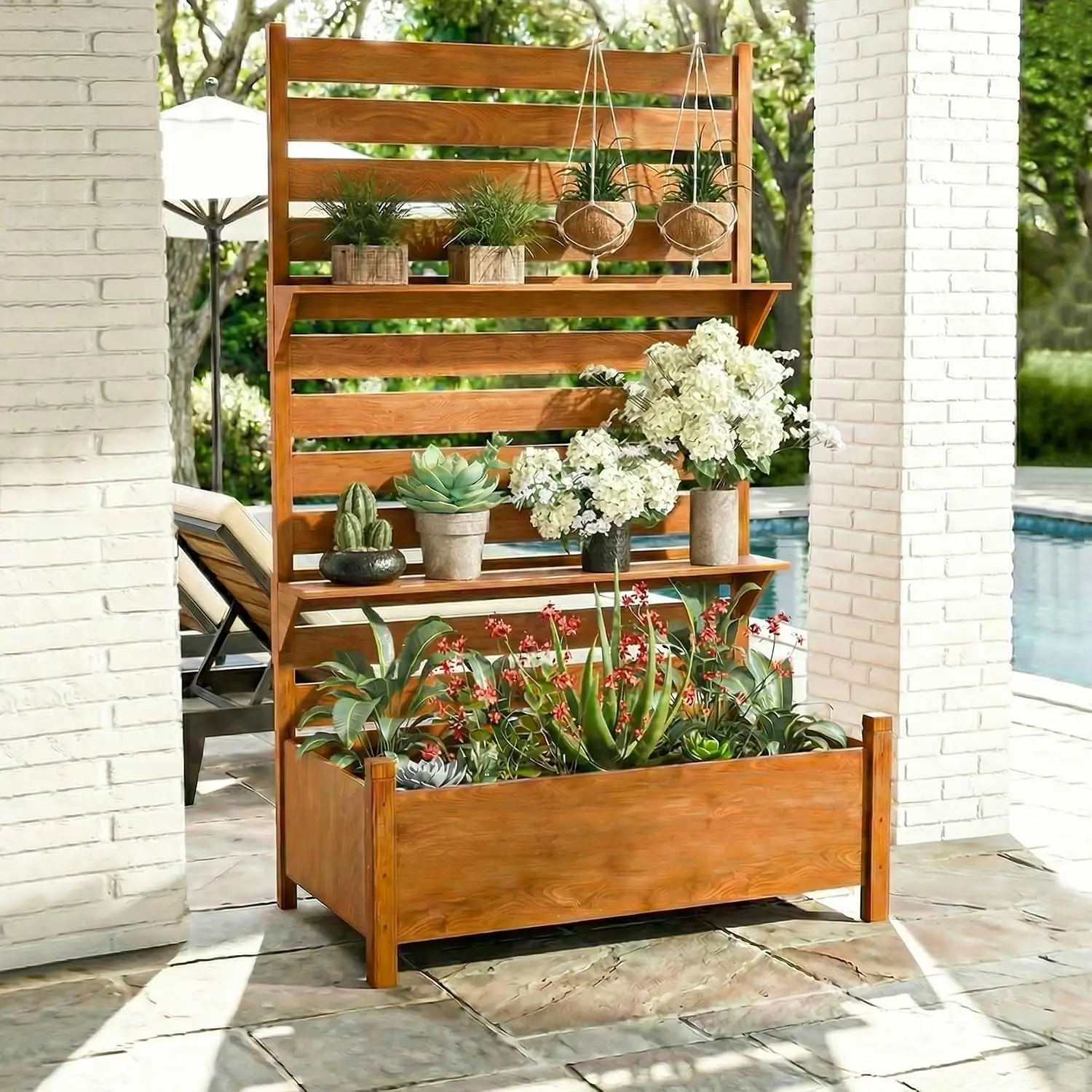 Outdoor Privacy Screen with Planter, 72.8" H x 26" W x 41.3" D, Solid Wood Freestanding Patio Privacy Divider with 2-Tier Shelf, Light Brown