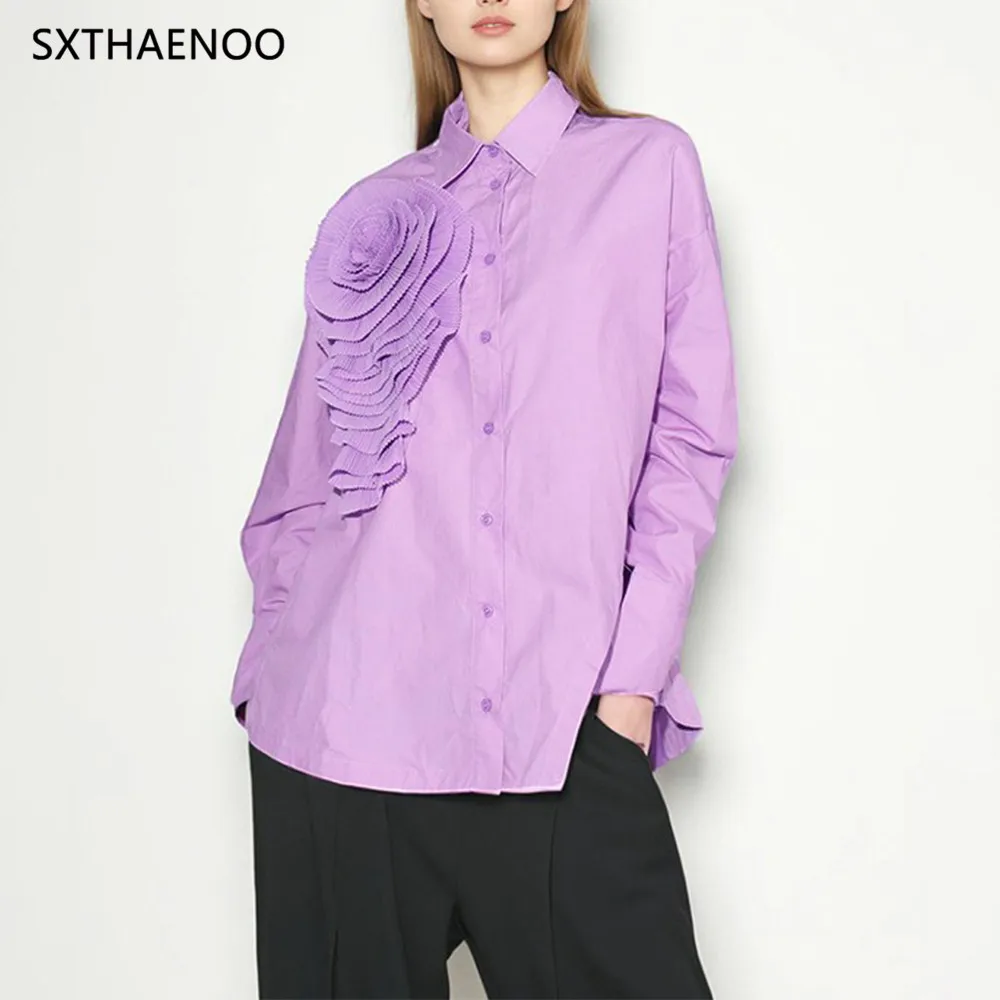 

SXTHAENOO Рубашка с трехмерным цветочным декором, женская осенняя новая темпераментная рубашка для пожилых людей с неровным подолом