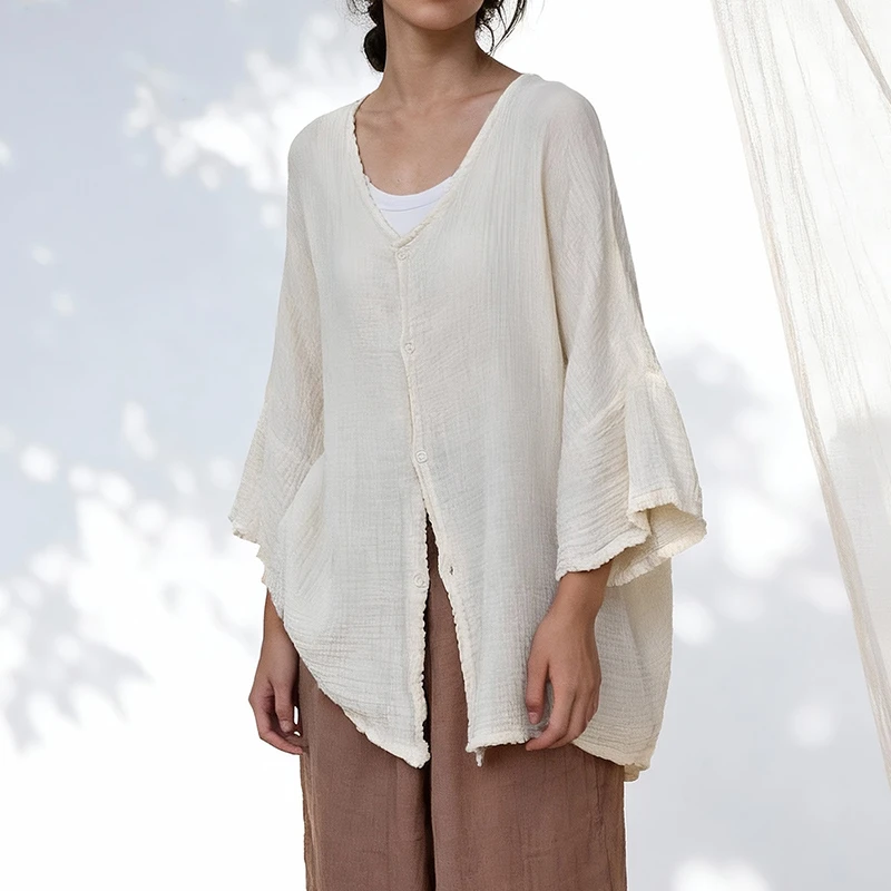 

Женская повседневная рубашка из 100% хлопка, новинка 2026 года, летняя, простой стиль, V-образный вырез, однотонная, свободная, удобная, женские топы и рубашки M2475