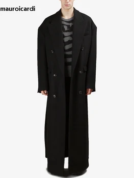 Men's Extra Long Wool Blend Overcoat 5 Mauroicardi Autumn Winter Extra Long Black Oversized Thick Warm Soft Wool & Blends Coat Men Double Breasted Korean Fashion 2023 5