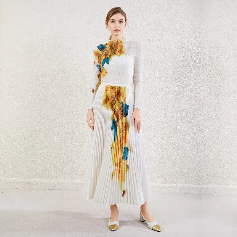 

Miyake Pleated Skirt Set for Women 2026 Original Print Slim Fit Long Sleeve T-Shirt Top and Skirt Two-Piece Set To Cover Belly