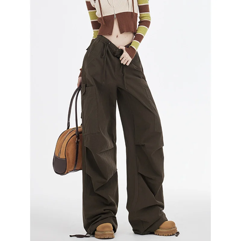 

American-style casual drawstring cargo pants for women, straight cut2024New summer style high-waisted drapey wide-leg pants are