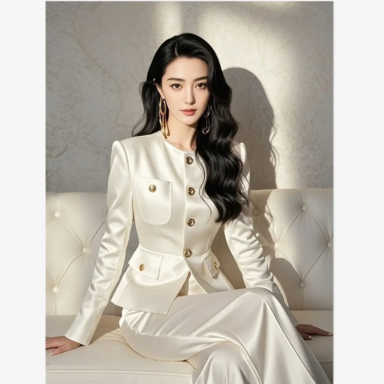 

Women Outfit Elegant Office Lady O-neck Slim Jacket Blazer + Wide Leg Pants Women's Suit New Fashion Satin Two Piece Sets