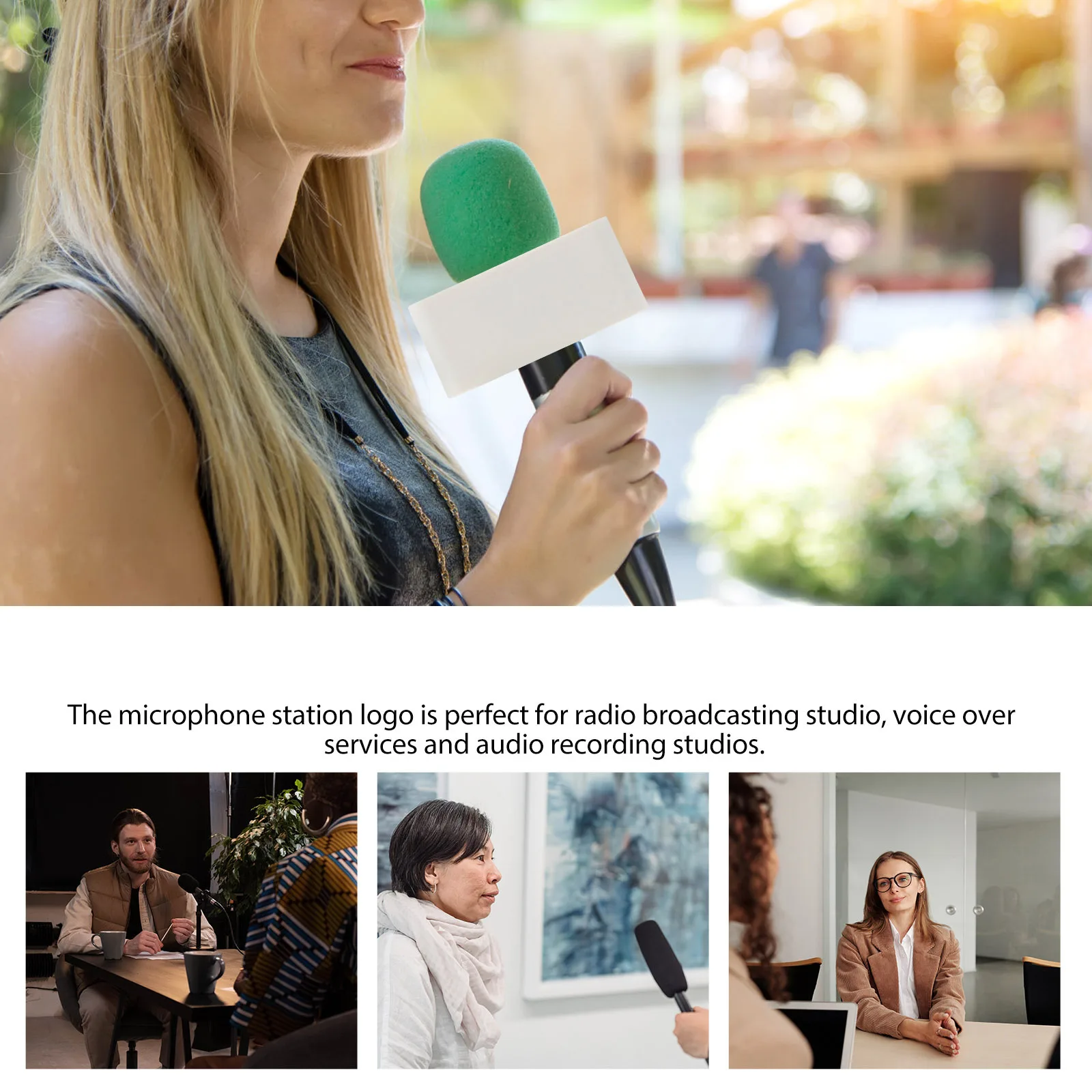 2Pcs Microphone Triangular Logo ABS Durable Station Flag for Interview Broadcasting Voiceover Audio Recording Studio Use