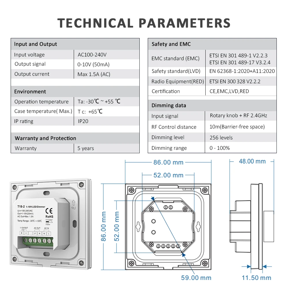 AC 220V to 0-10V 1-10V LED Dimmer Glass Panel Dimmer Rotary Knob Dimming Brightness Ajustment Wireless Remote LED Light Control