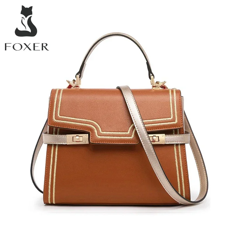 FOXER Commut Women's Mid Handbag Ladies Stylish Crossbody Bag High Capacity Shoulder Bag Split Leather Luxury Flap Messenger Bag