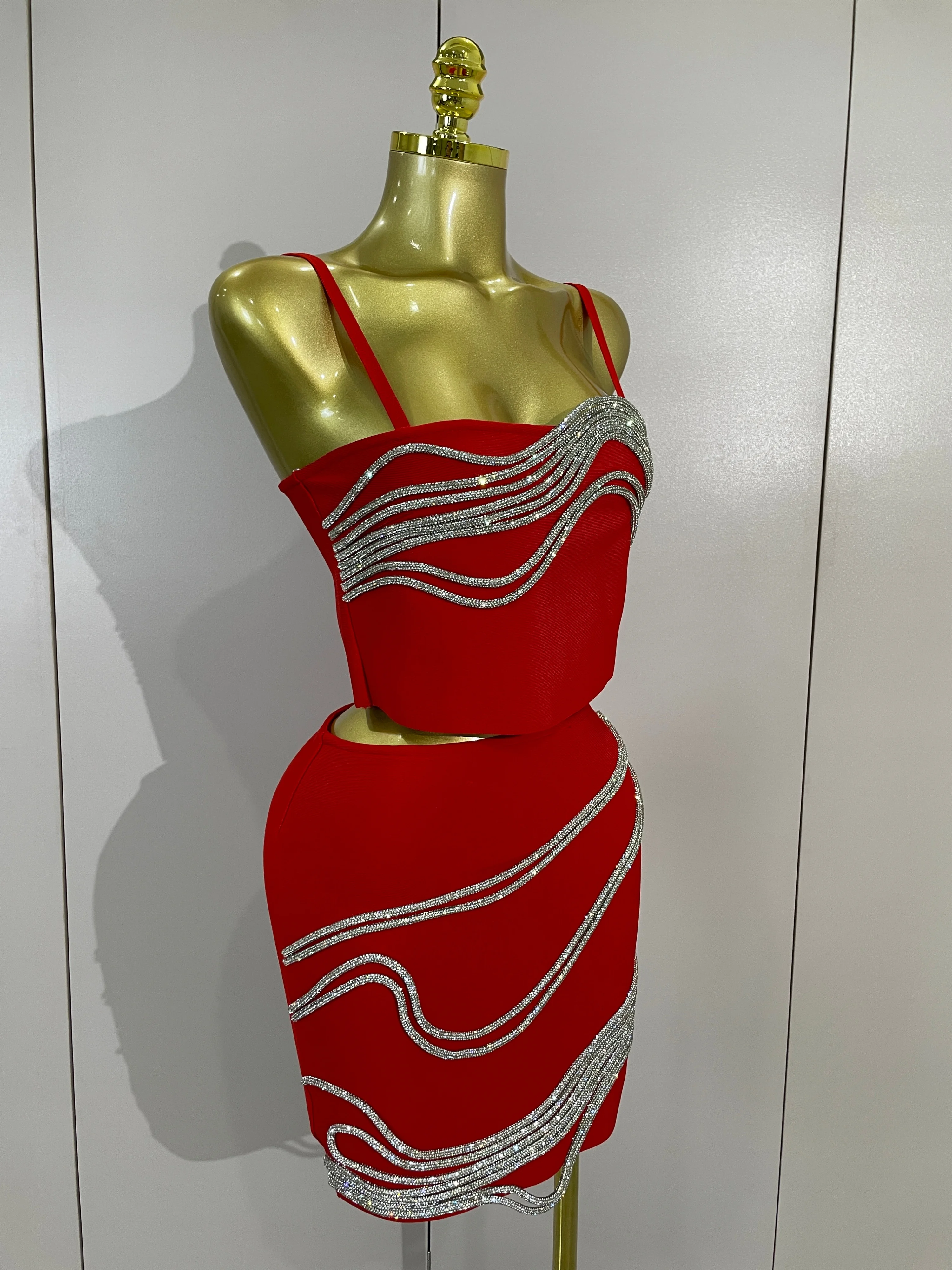 Elegant Diamond Chain Sexy Sleeveless Bandage Mini Dress Two Piece Set Women Celebrity Eveing Party Prom Birthday Club Dress view 4