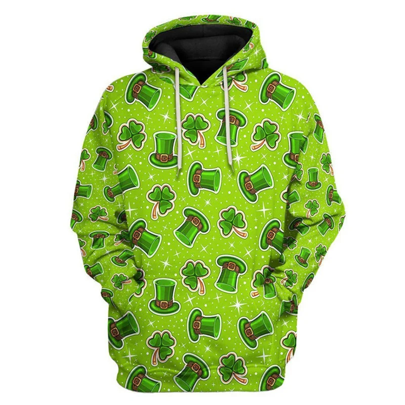 2025 St Patrick Day Hoodie For Men Lucky Green Color Hooded Coat Leprechaun Fake Lapel Print Graphic Streetwear Trend Hoodies