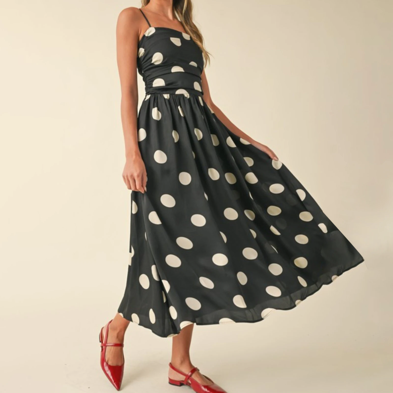 Abito da donna senza maniche con stampa a pois, scollo quadrato increspato, cinturino per spaghetti, abito lungo a trapezio per viaggi quotidiani